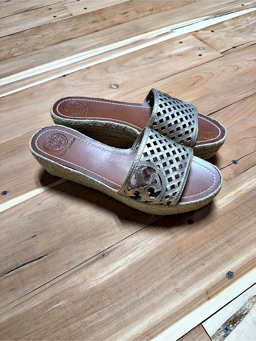 Tory Burch Metallic Gold Leather Espadrille Wedge Sandals Size 10